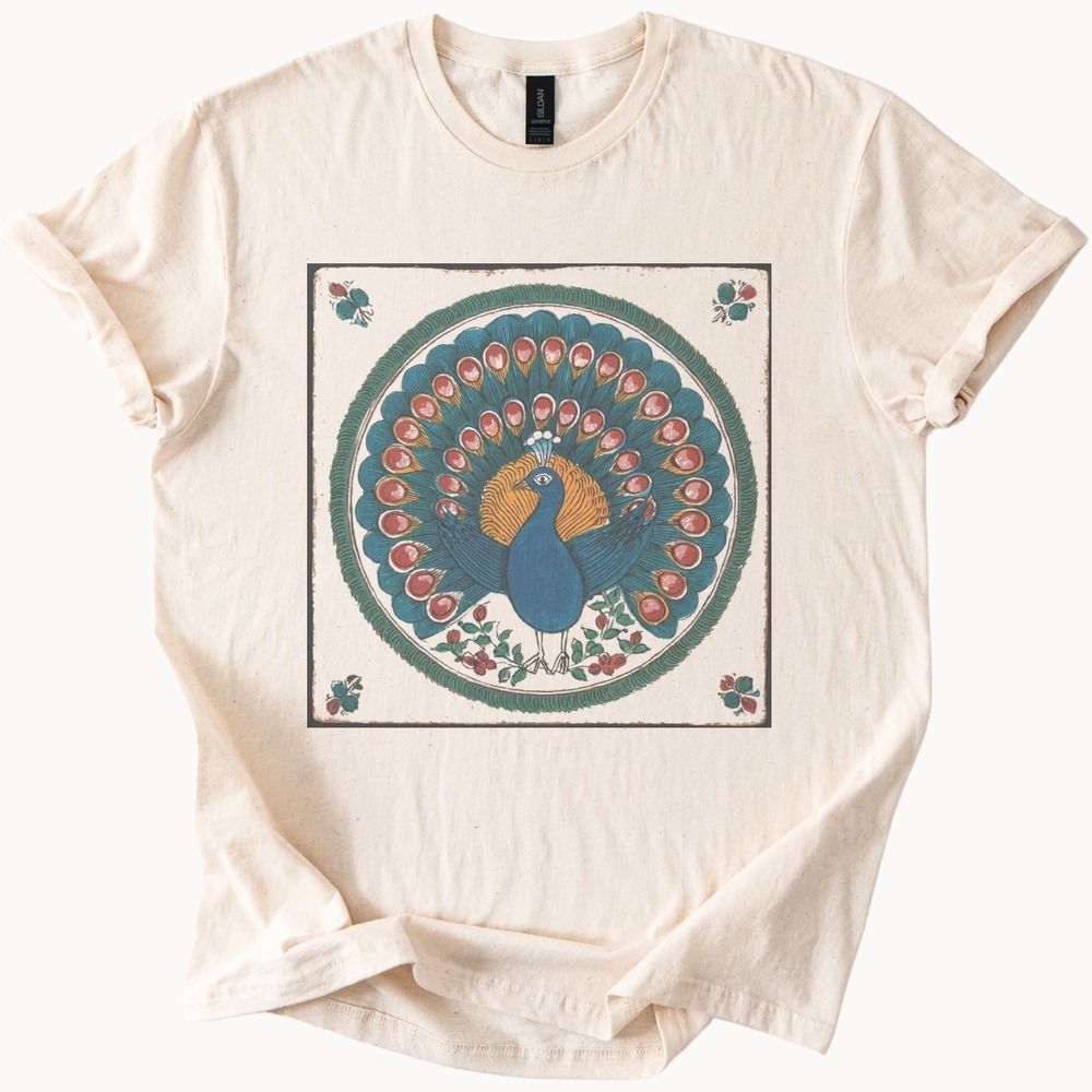 Ornate Peacock Graphic Tee Vintage Woodblock Print Style